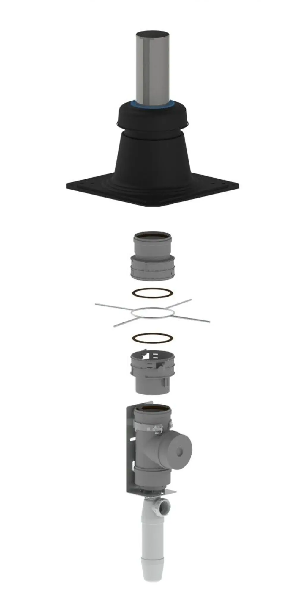 Montageset bestehend aus mehreren Komponenten, darunter ein schwarzer Gummianschluss und verschiedene Verbindungsstücke, zur Installation im Schacht von Remeha.
